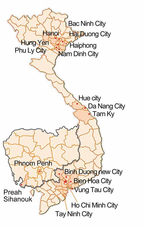 Mapa regionów produkcyjnych w Wietnamie obsługiwanych przez V-Trust 