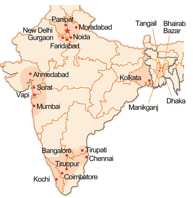 Mapa regionów produkcyjnych w Bangladeszu obsługiwanych przez V-Trust